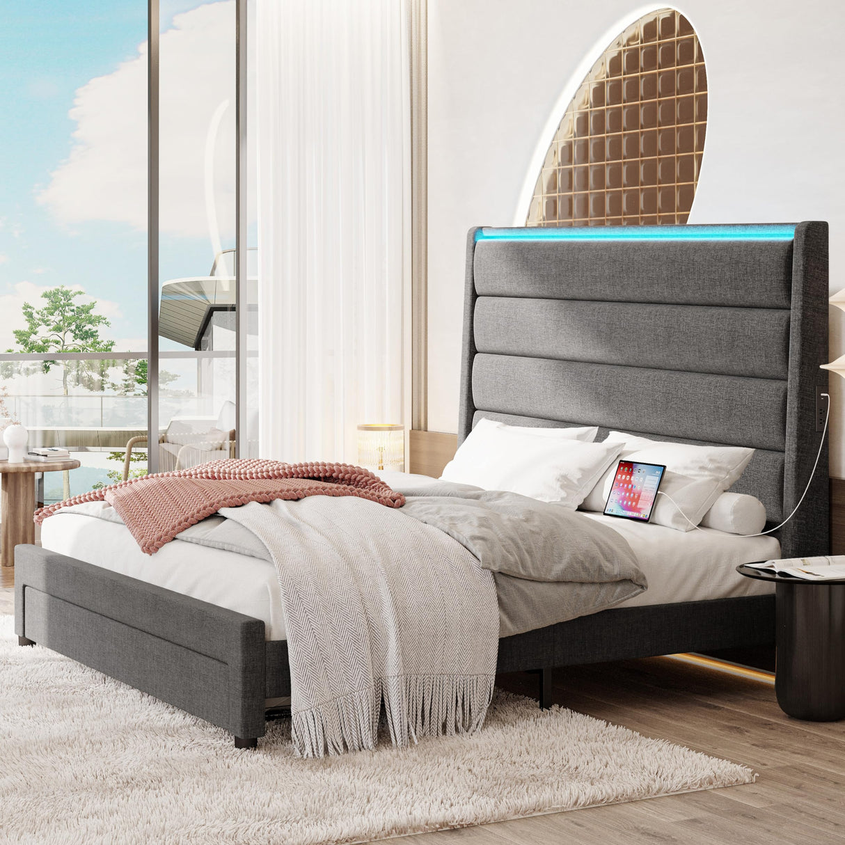 King Size Bed Frame with 55 Inches All Wingback Headboard & Drawer & 2 Charging Station,