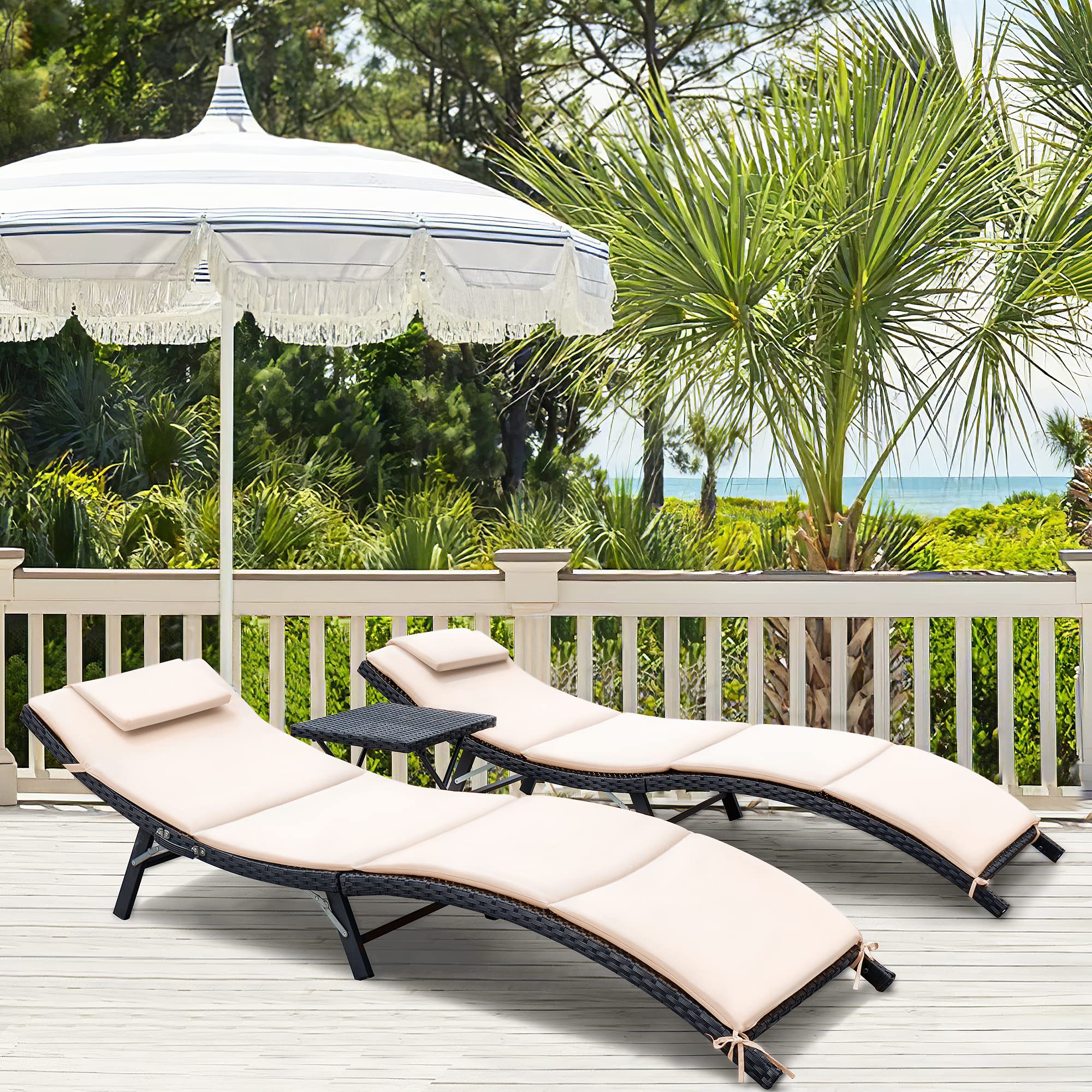 3 Pieces Patio Chaise Lounge Chair Sets Outdoor Beach Pool PE Rattan Reclining Chair