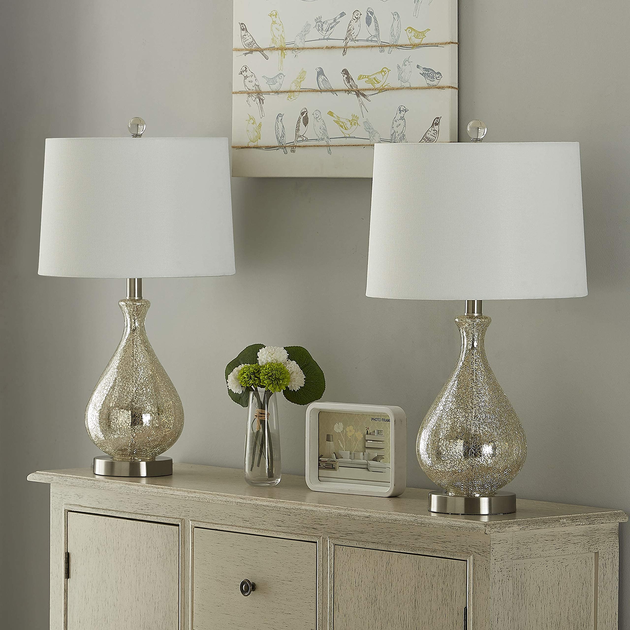Glass Table Lamp Set of 2 for Living Room, 22.75" Nickel Bedside