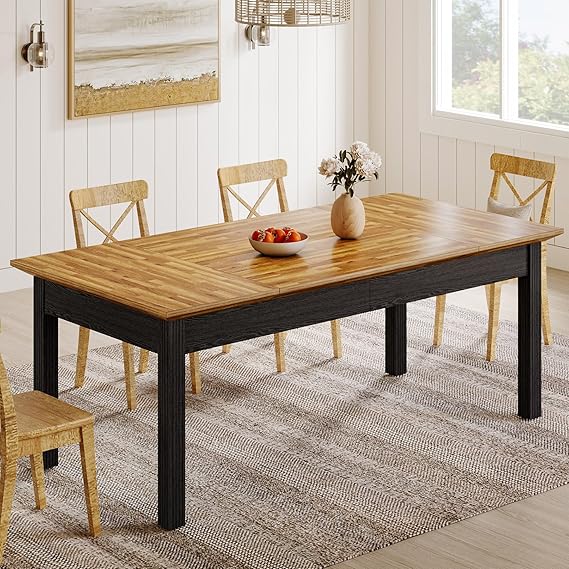 62-Inch Rectangular Dining Table with Solid Wood Legs - Rustic Brown & Cream White