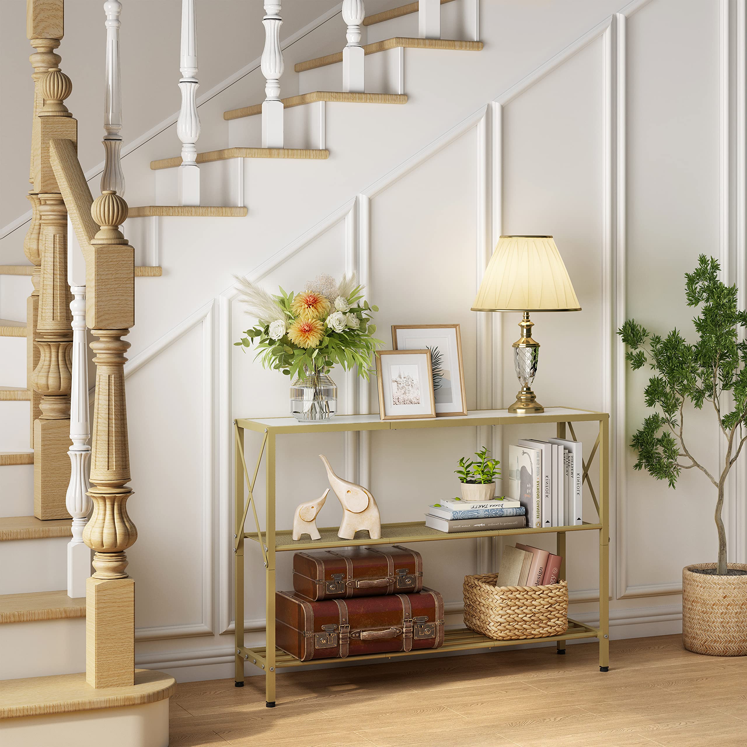 Gold Console Table, 3 Tier Entryway Table, Hallway Table, Narrow Sofa Table with Shelves