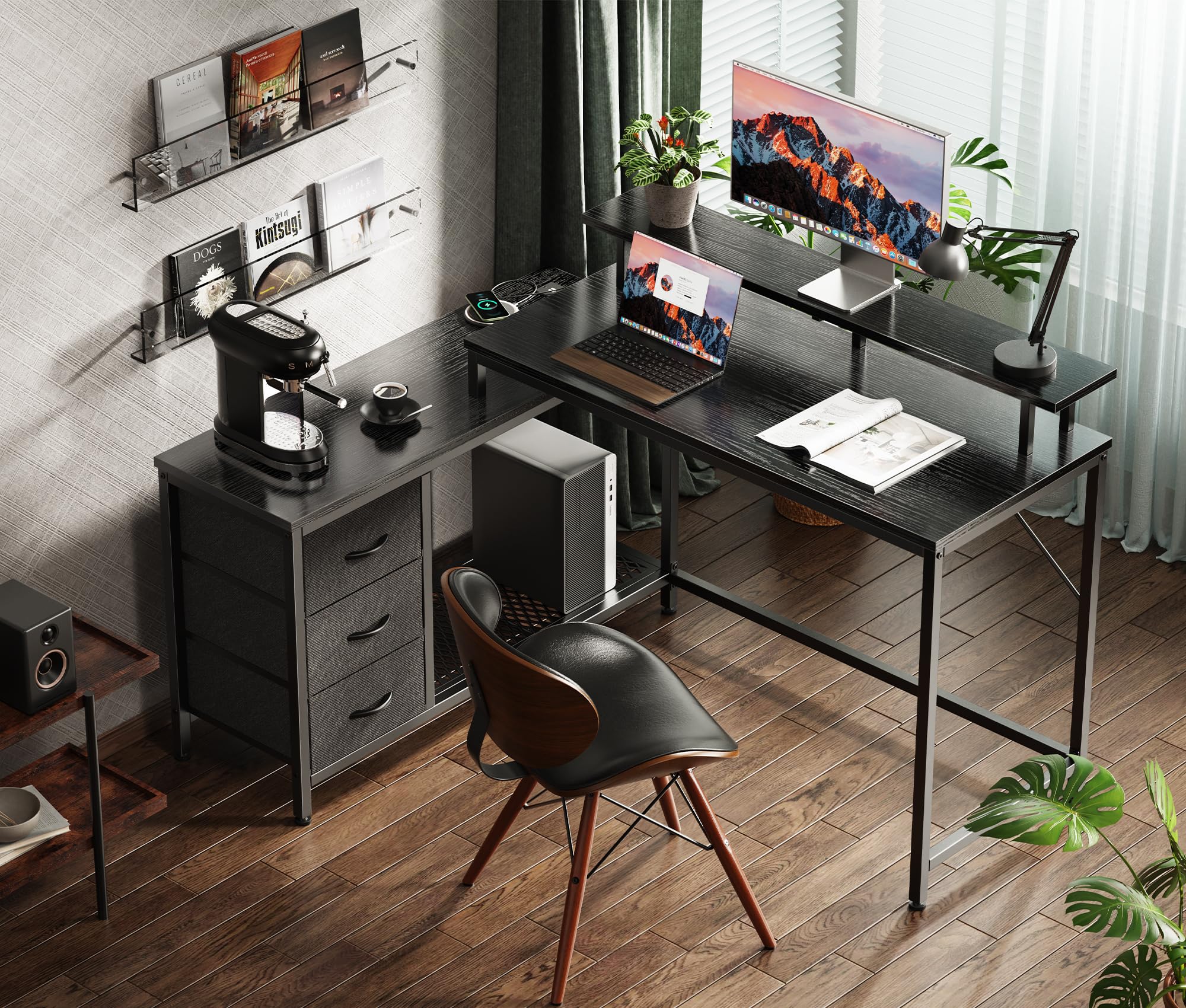 Reversible L Shaped Computer Desk with Drawers, Gaming Desk with LED Lights and Power Outlets, Office Desk with Storage Shelves, for Home & Office, Black