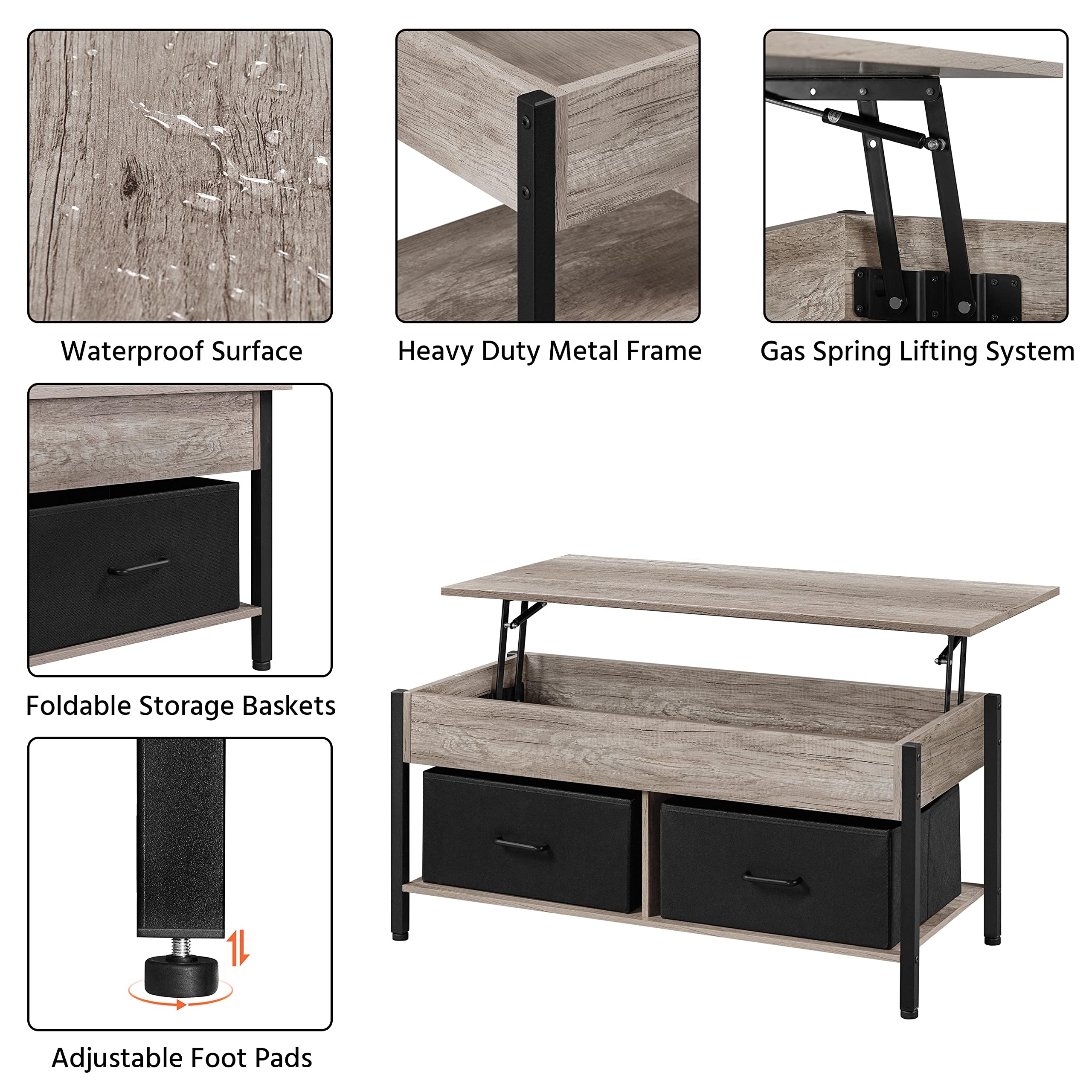 Lift-top Coffee Table with 2 Fabric Baskets & Hidden Storage Compartment