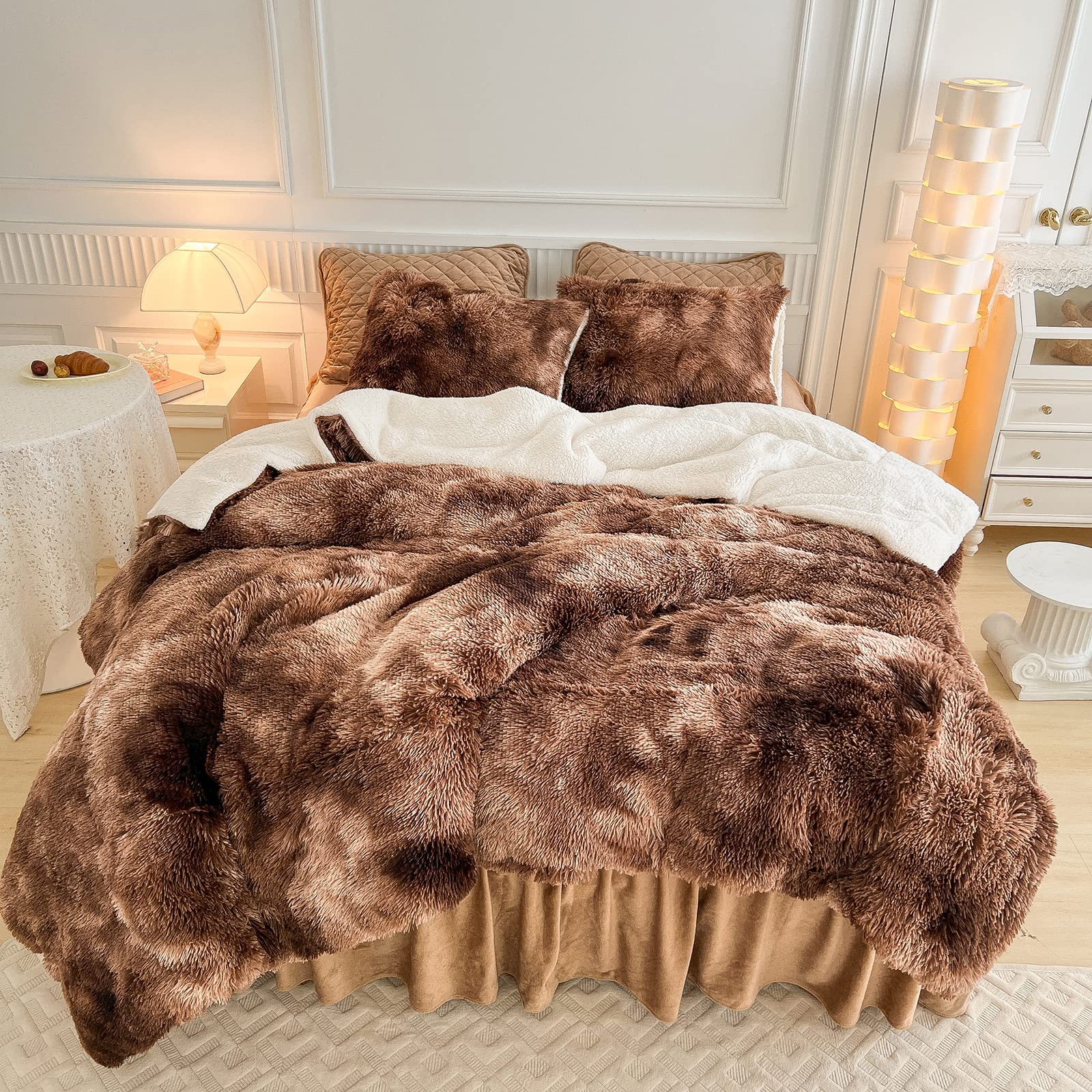 Fur Shaggy Fluffy Comforter Set Twin Size Mixed Coffee Brwon and White Long Hair, 3