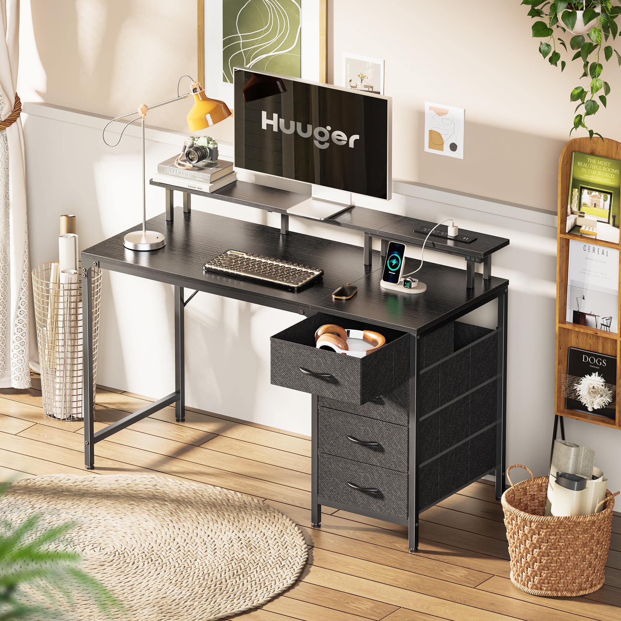Inch Computer Desk with Power Outlets and LED Lights, Gaming Desk with 4 Drawers, Office Desk with Monitor Stand, Study Desk Work Desk for Home Office, Small Spaces, Black