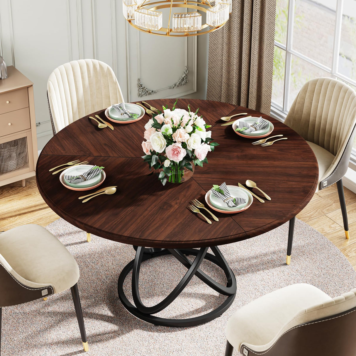 Round Dining Table for 4, 47 Inch Dinner Table Circle Kitchen Table with Metal Base,