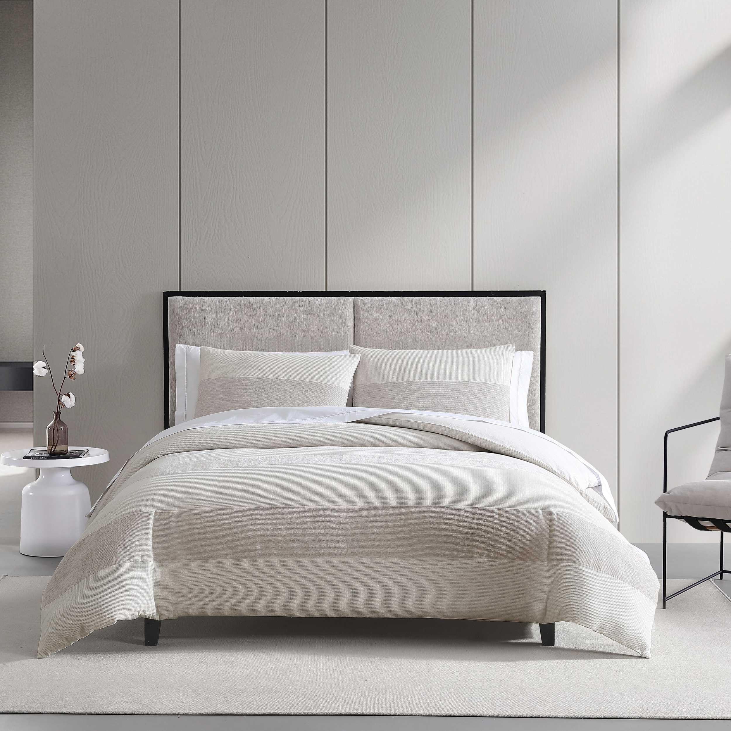 King Size Comforter Set - Textured Chenille Waffle Stripe Beige