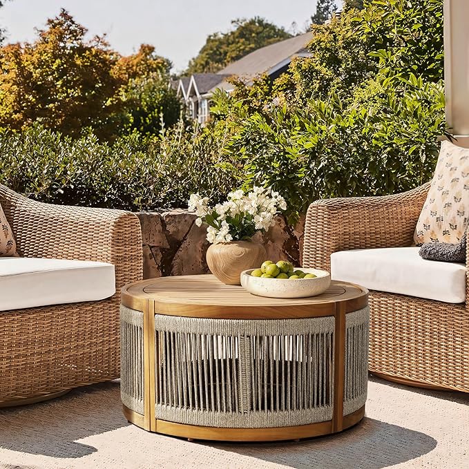 Outdoor Side Table, 17'' Tall Rope Acacia Wood Outdoor End Tables for Patio