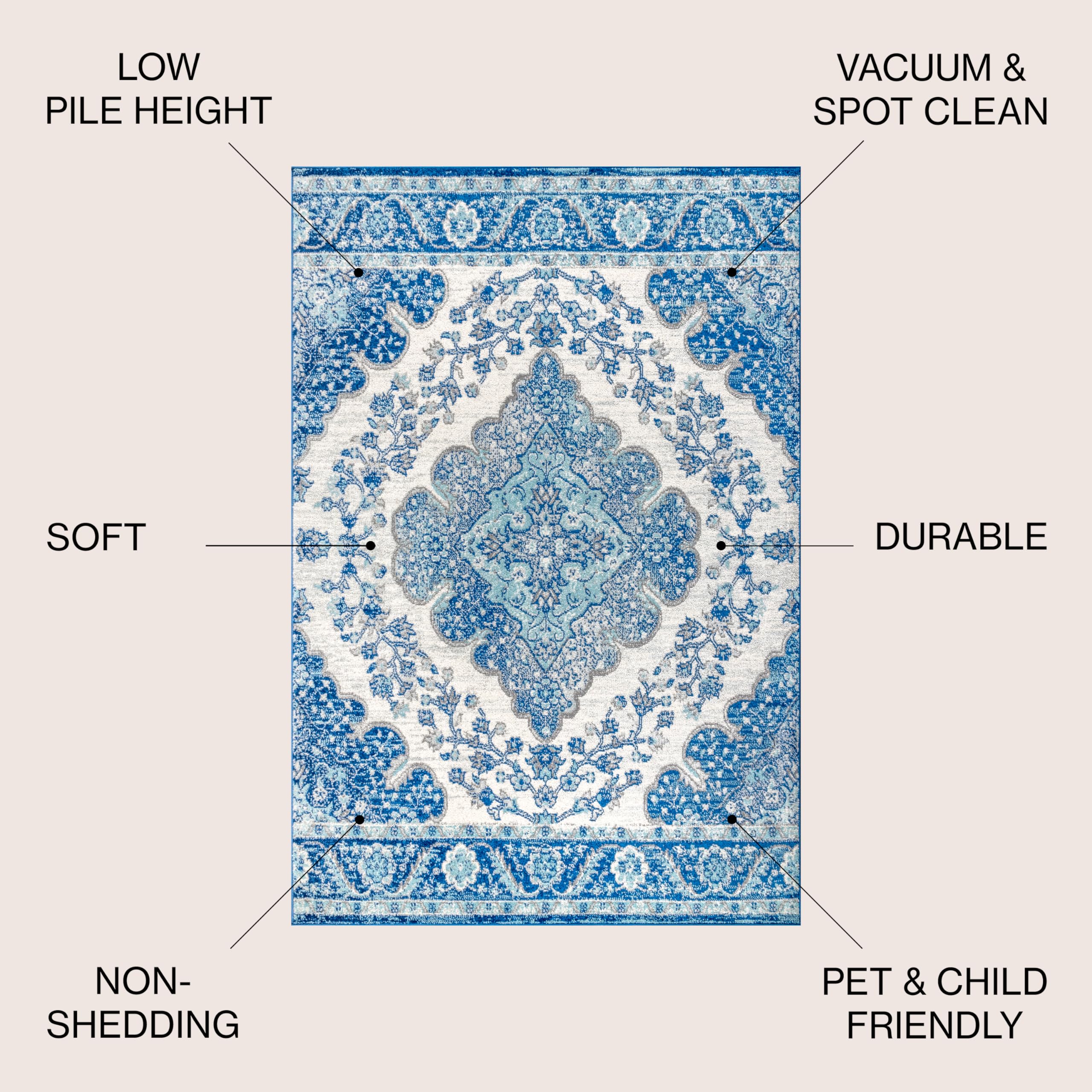 BMF106B-8 Bohemian FLAIR Boho Vintage Medallion Cream/Blue 8 ft. x 10 ft. Area Rug