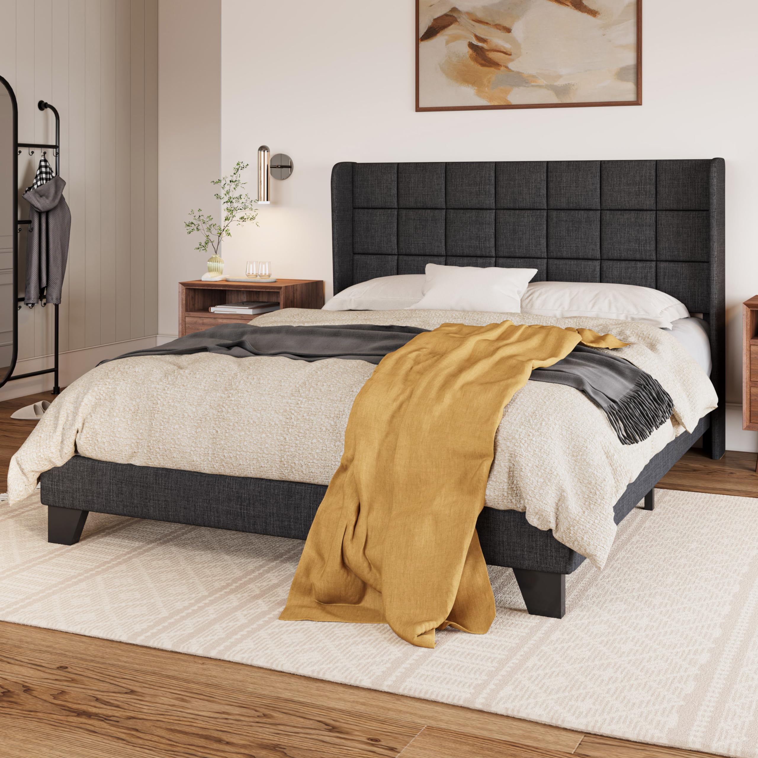 Queen Upholstered Bed Frame with Square Tufted Headboard and 5.5" Wingback