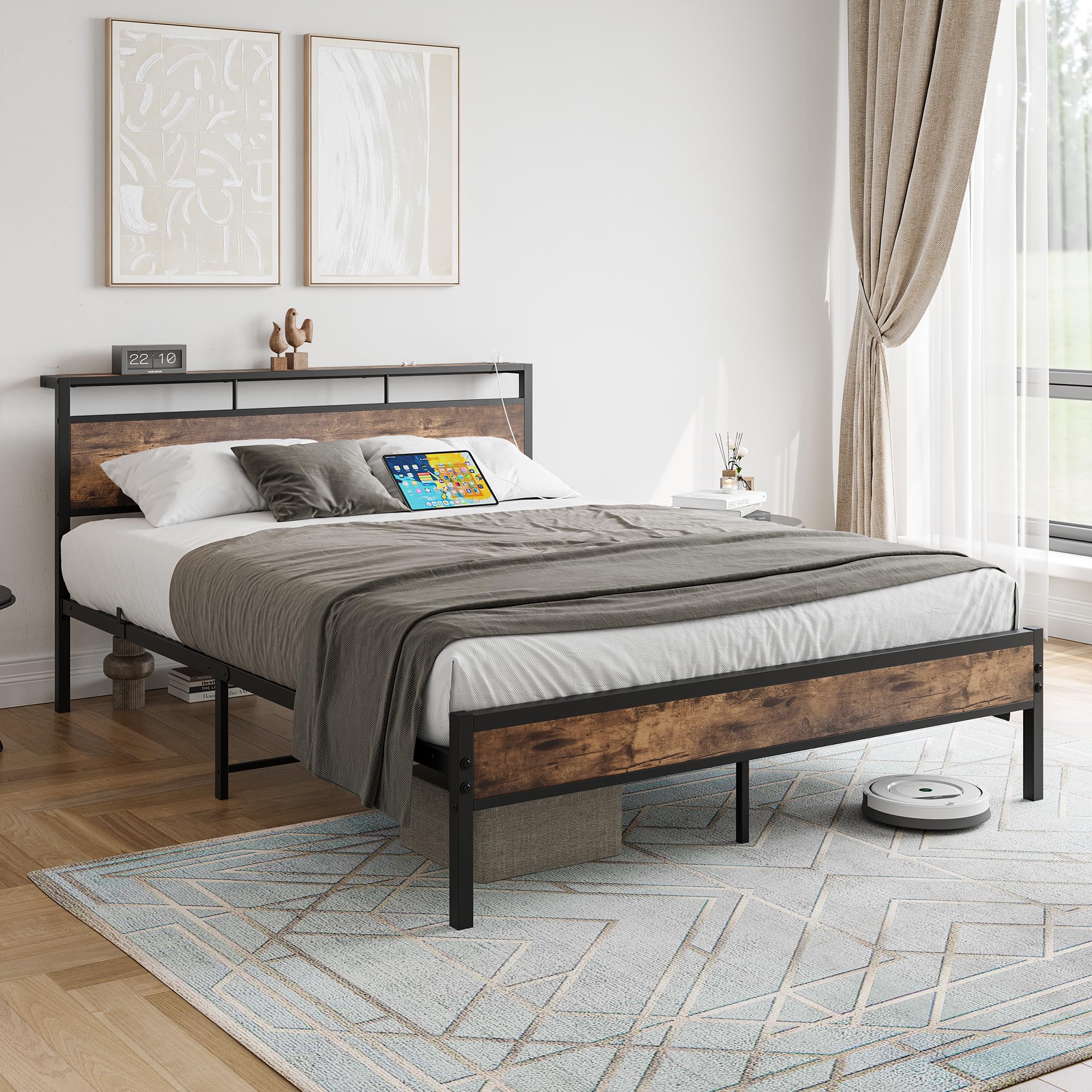 Queen Size Bed Frame, Storage Headboard with USB and TypeC Charging Station