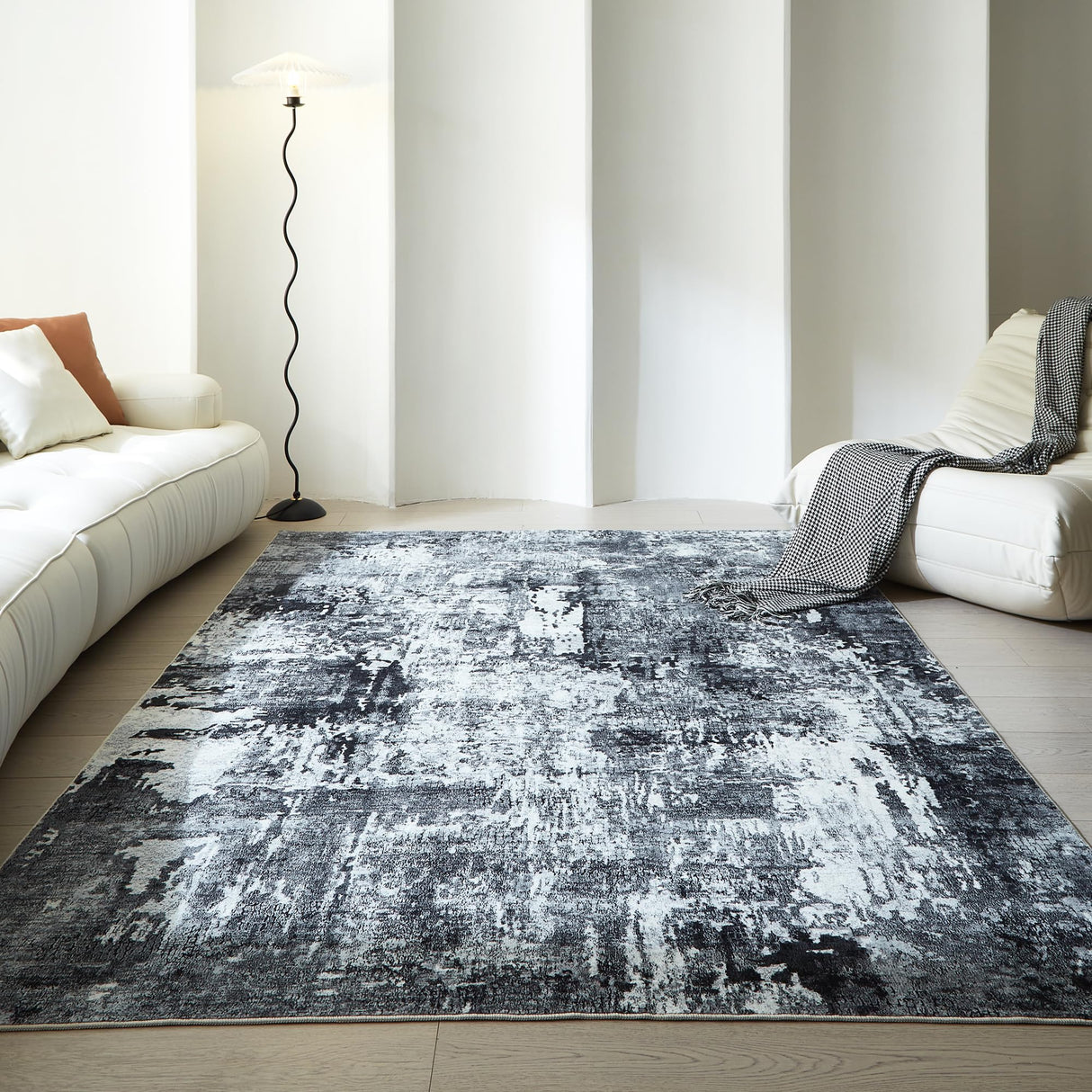 Rugcomf 6x9 Rug Washable Bedroom Rug Large Soft Area Rug Abstract Pattern Non-Slip Faux Wool Vintage Rug for Living Room, Farmhouse, Dining Room, Kids Playroom, Grey and Black