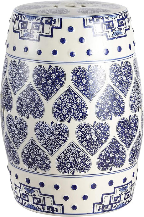 TBL1014A Happy Hearts 17.8" Chinoiserie Ceramic Drum Garden Stool, Bohemian, Coastal, Cottage, French Country, Traditional, Transitional, Side Table, Plant Stand, Spill-Proof, Blue/White