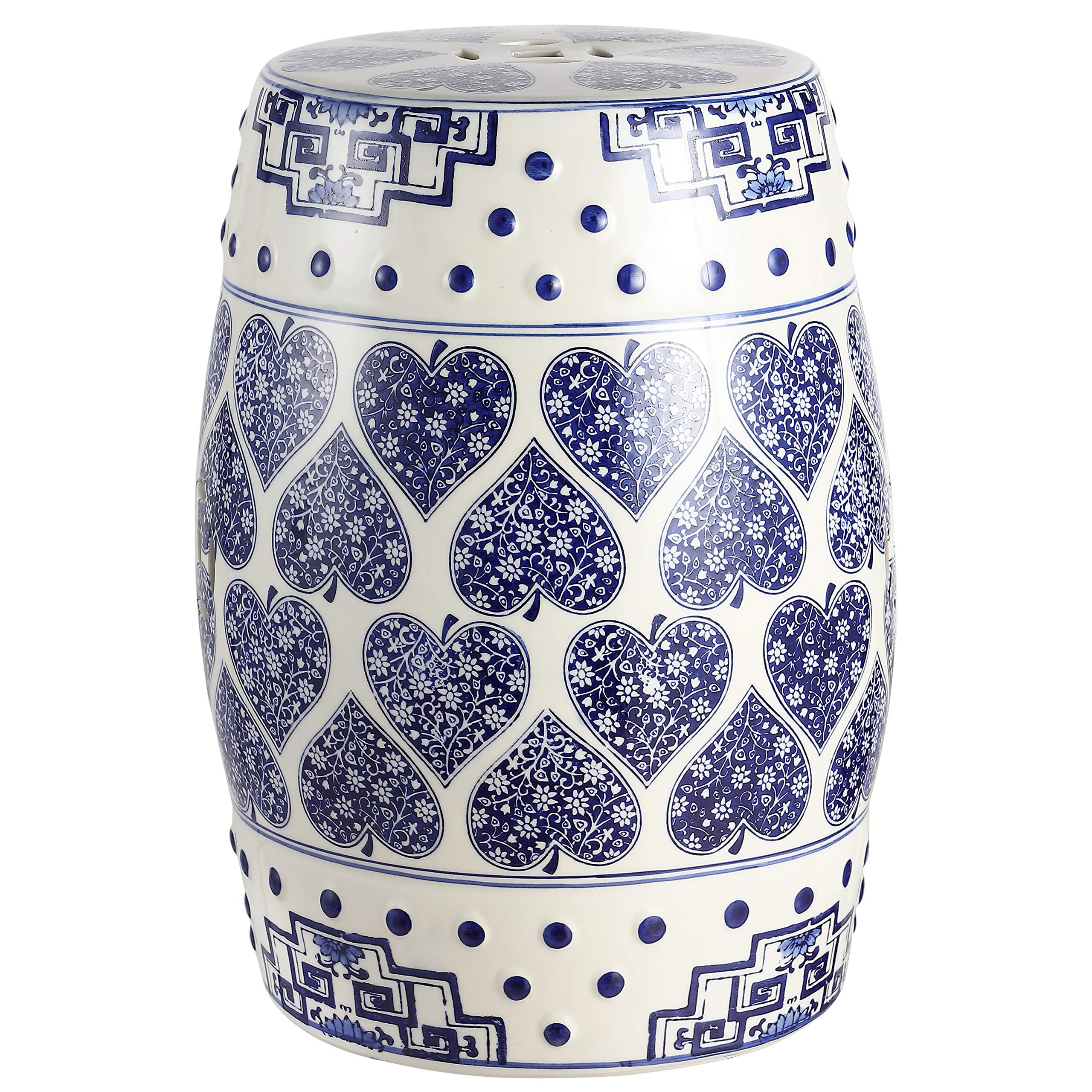 TBL1014A Happy Hearts 17.8" Chinoiserie Ceramic Drum Garden Stool, Bohemian, Coastal, Cottage, French Country, Traditional, Transitional, Side Table, Plant Stand, Spill-Proof, Blue/White