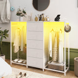 Dresser for Bedroom with Clothes Rack 5 Drawer Dresser with Charging Station LED Lights White Chest of Drawers Flexible Shelf and Open Storage