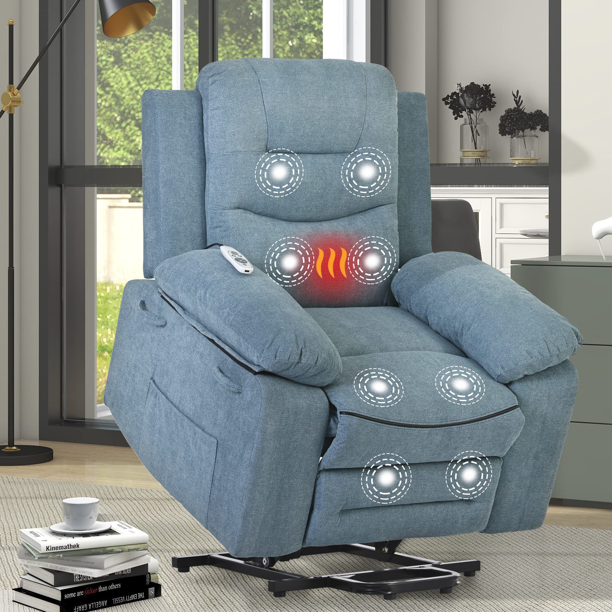 QKr Lift Chair with Massage and Heat for Elderly, Electric Lift Recliners Chairs with Remote Control, USB Port Retractable Armrest, Side Pockets for Living Room Bedroom