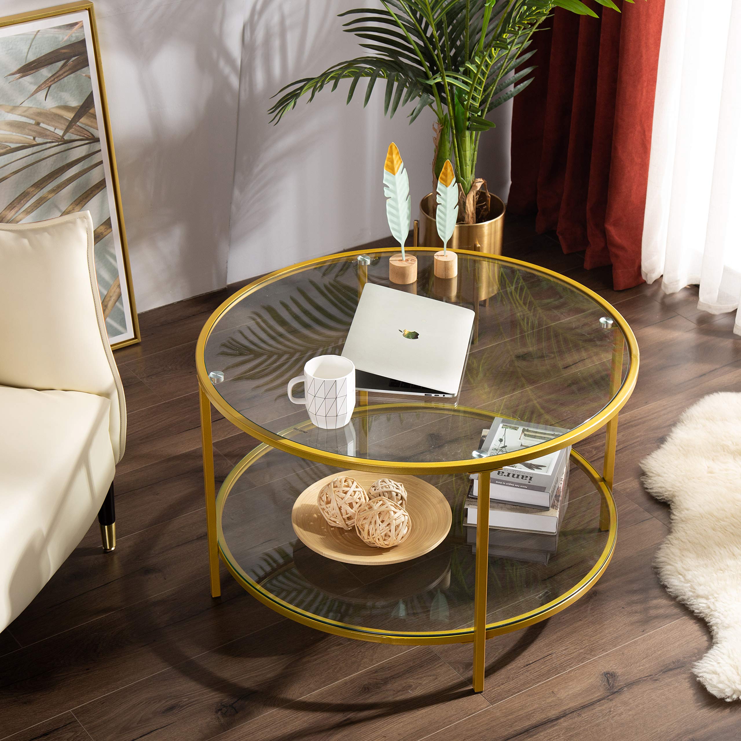 31.5" Round Coffee Table with Open Storage Shelf,2-Tier Temperred Glass Round Accent