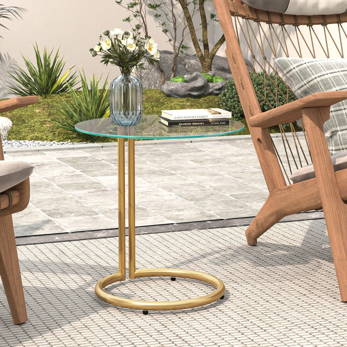 Gold End Table Modern, Round Side Table with Tempered Glass Top and Metal Stand