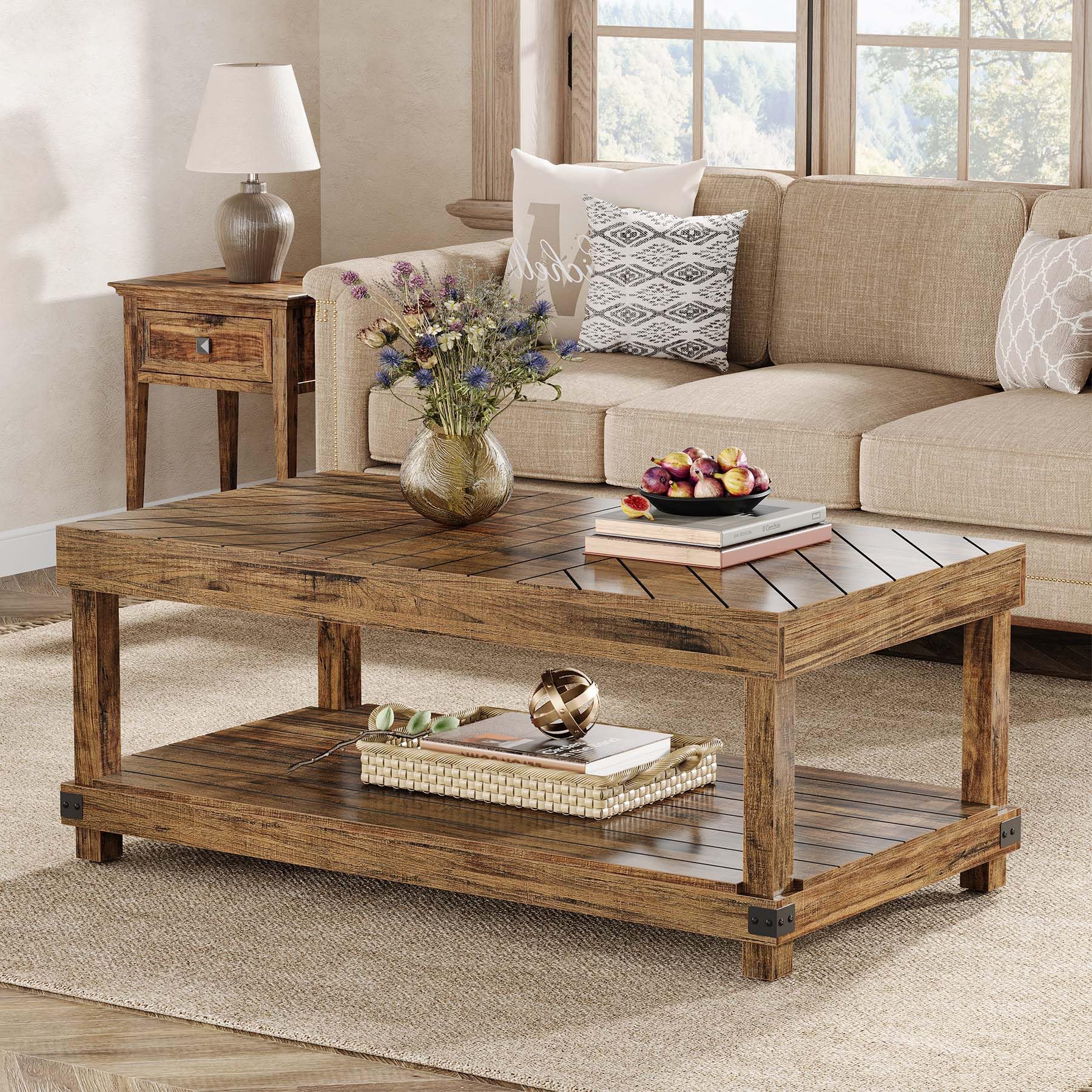 Tribesigns Farmhouse Coffee Table, 47-Inch Wood Center Table with Storage Shelf, 2-Tier Rectangle Cocktail Tea Table with Sturdy Frame for Living Room, Rustic Brown