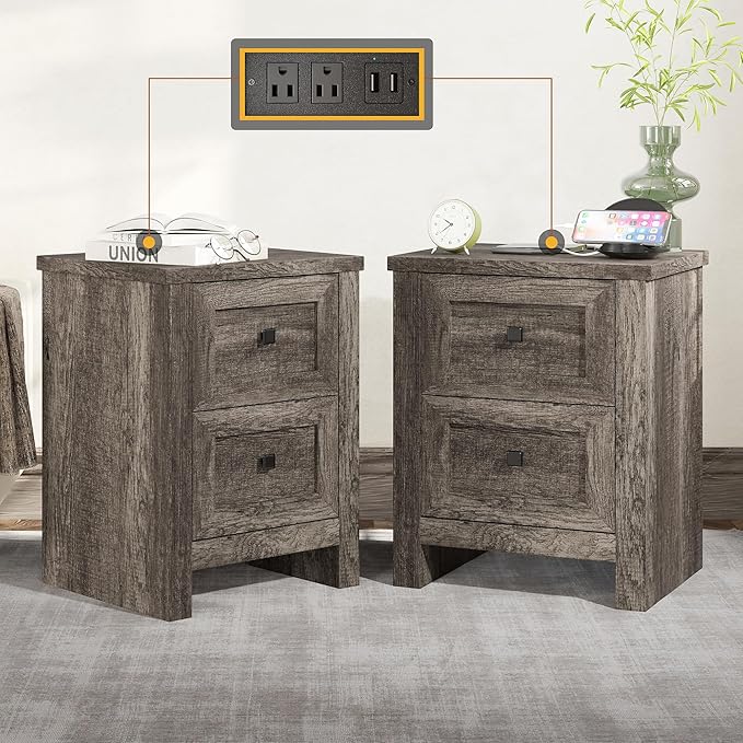 Nightstand Set of 2 with Charging Station, Rustic Bedside Table with Drawers Storage,