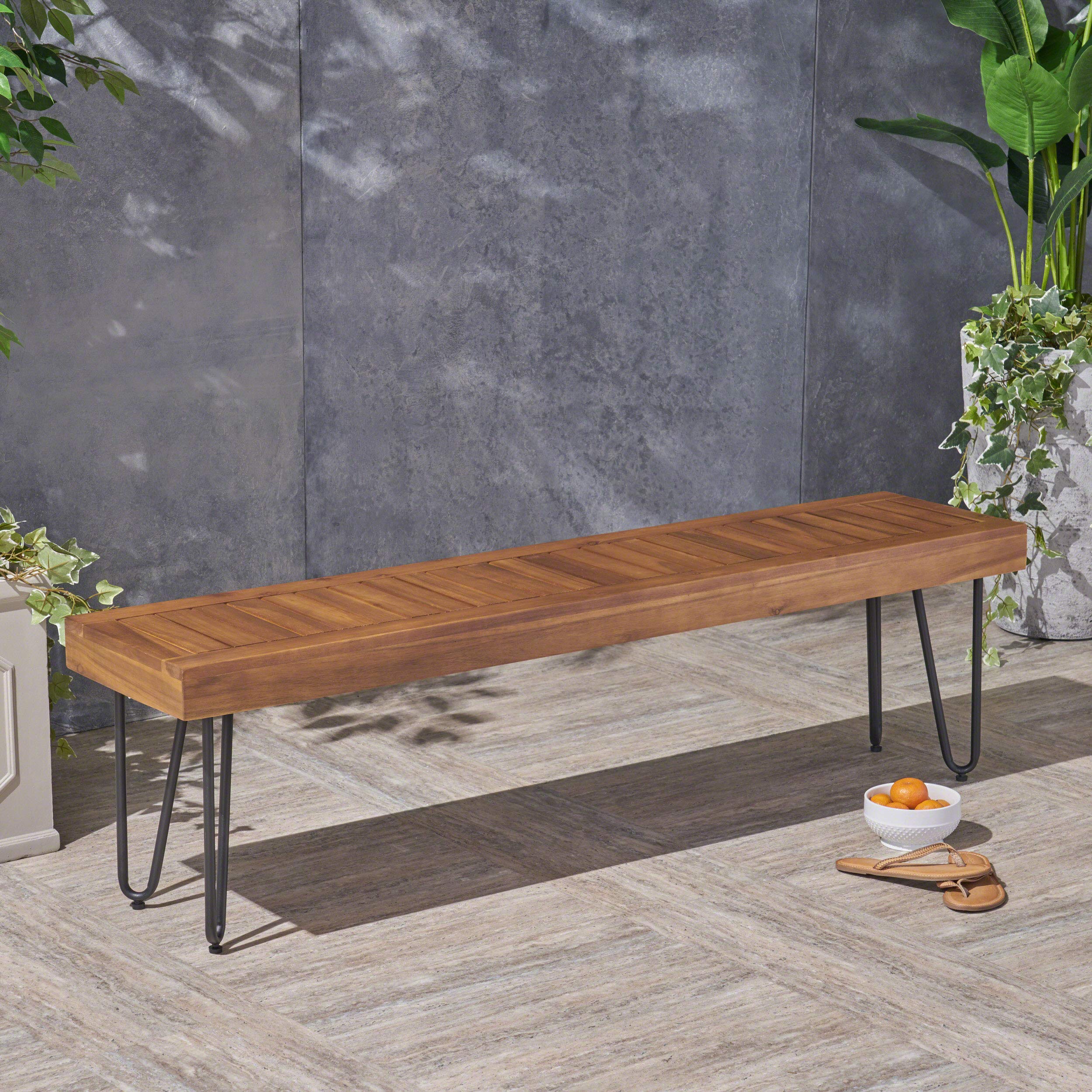 Abbet Outdoor Industrial Wood Bench, Teak/Black Metal