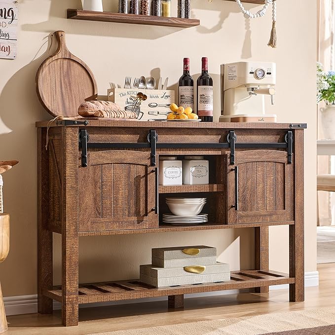 Farmhouse Entryway Table with Sliding Arch Doors, 46" Rustic Console Table