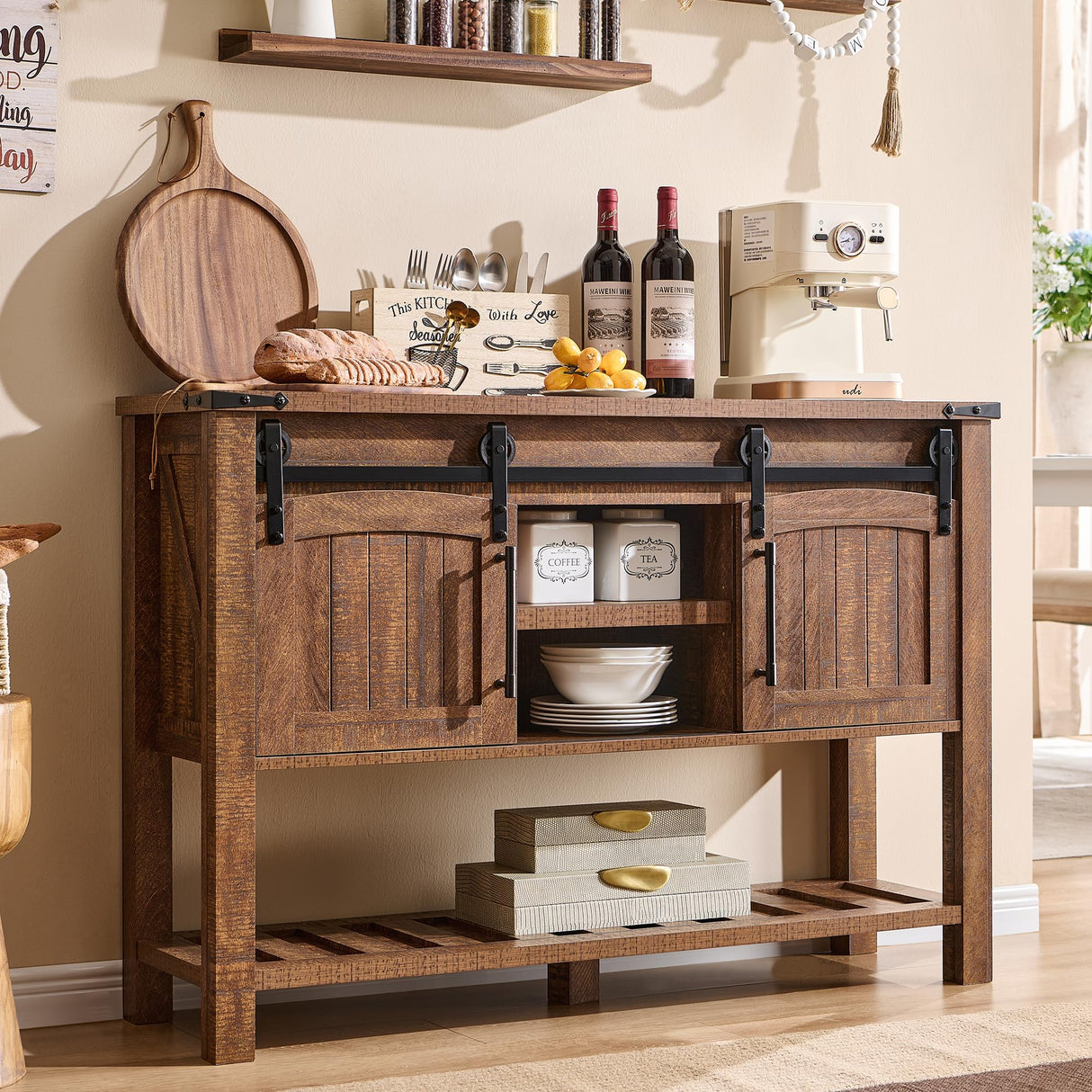 Farmhouse Entryway Table with Sliding Arch Doors, 46" Rustic Console Table