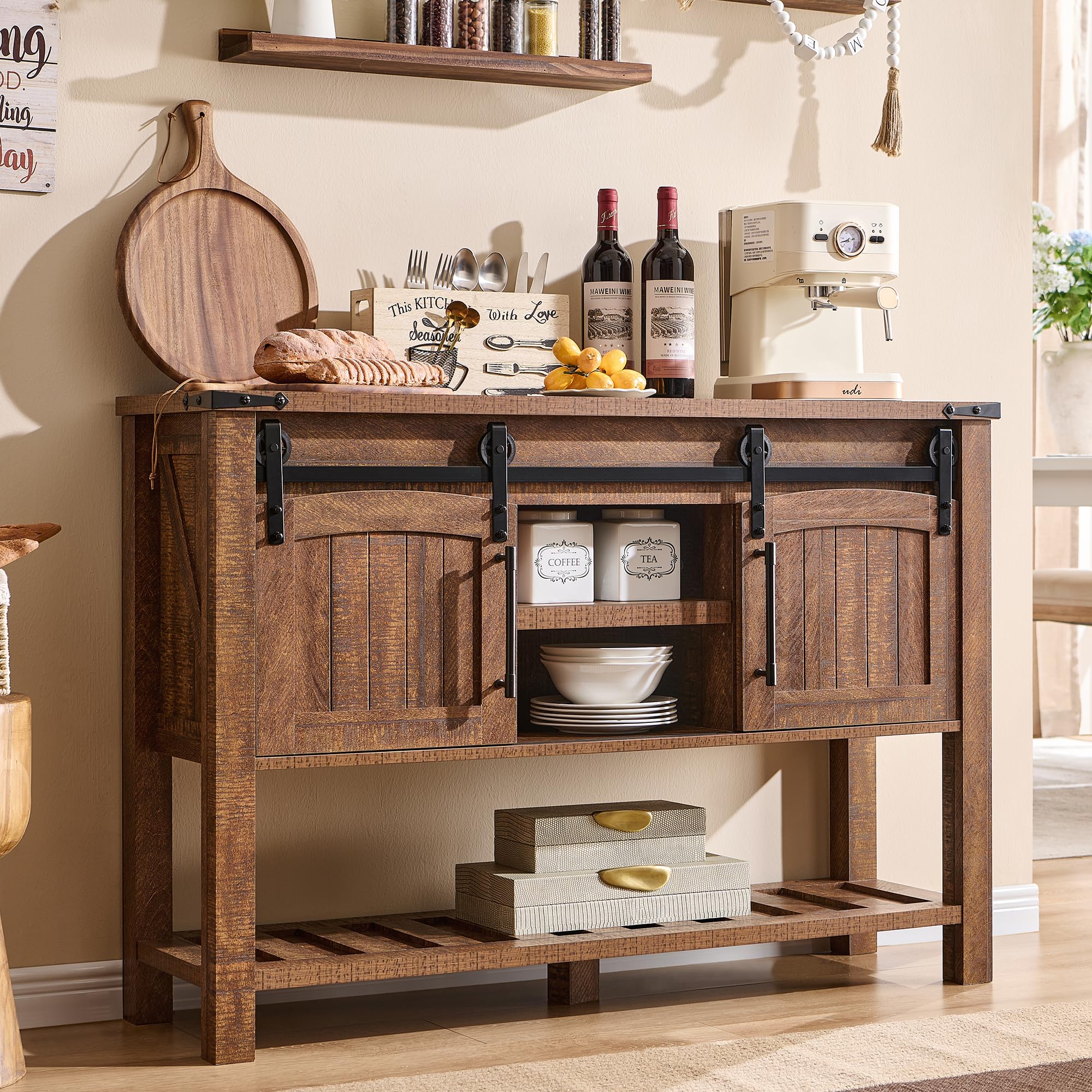 Farmhouse Entryway Table with Sliding Arch Doors, 46" Rustic Console Table