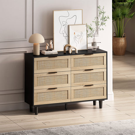 43.31 inch 6 Drawer Dresser,Modern Rattan Chest with 6 Drawers,Wood Storage Cabinet Sideboard for Bedroom, Living Room, Entryway, Hallway(Black)