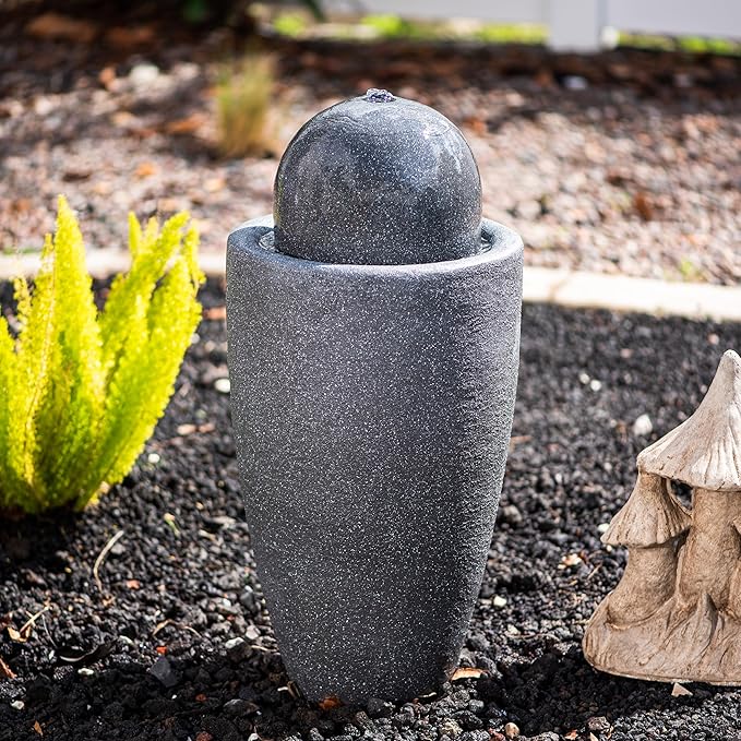 25.98" H Round Stone Indoor/Outdoor Modern Stone Textured Sphere Water Fountain