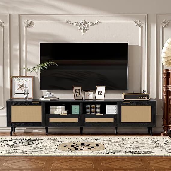 Rattan TV Stand for TVs up to 85" - Boho Entertainment Center with Storage
