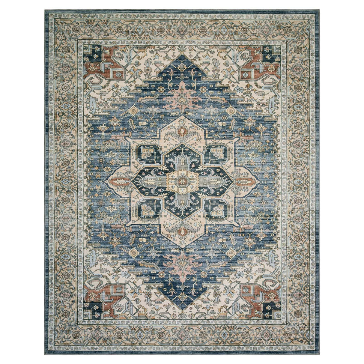 Washable Area Rugs Living Room - 9x12 Large Soft Machine Wash Low Pile Non-Slip Area Rugs, Vintage Neutral Carpet for Dining Room Bedroom Indoor Home Dorm Office Farmhouse Decor Blue