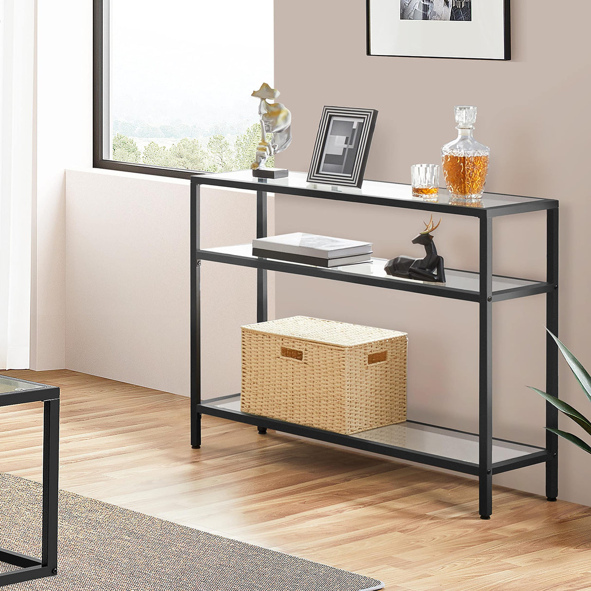 39.5" Console Table with 3 Storage Shelves,Tempered Glass Sofa Table