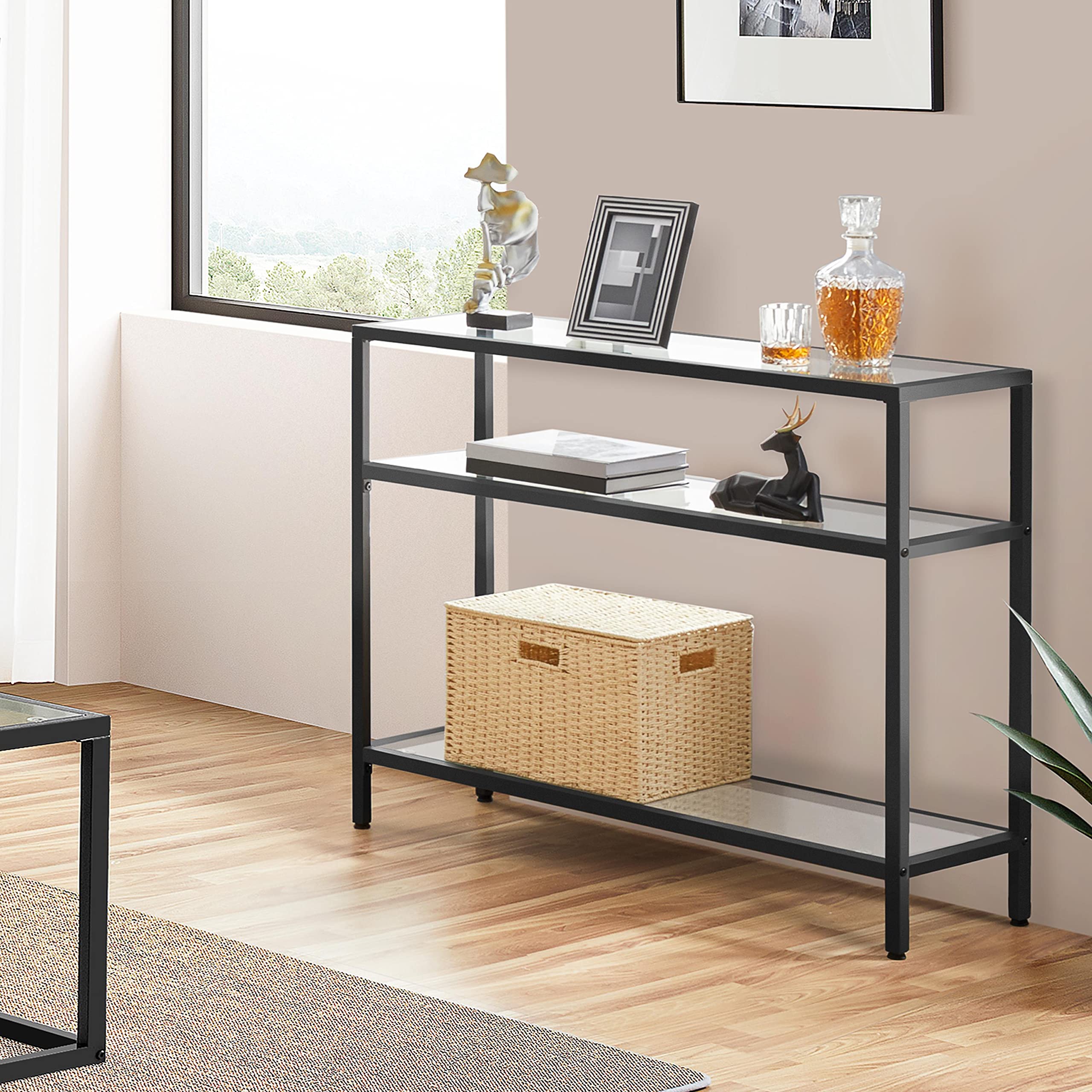 39.5" Console Table with 3 Storage Shelves,Tempered Glass Sofa Table