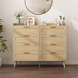 Rattan Dresser for Bedroom, 8 Drawer Dresser with Charging Station, Wide Desktop Dresser Chest of Drawers