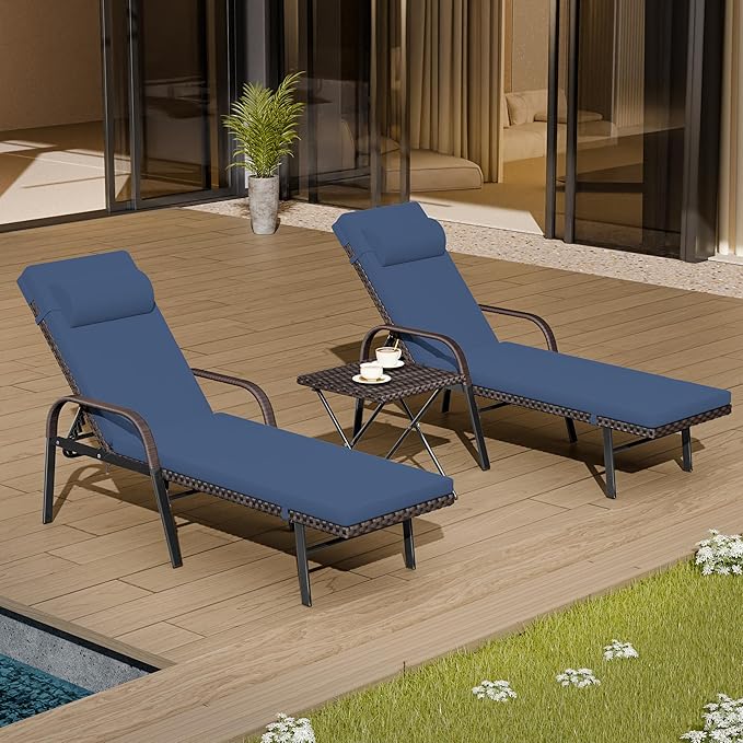 Patio Chaise Lounge Set 3 Pieces Outdoor Lounge Chair with Rattan Adjustable Backrest