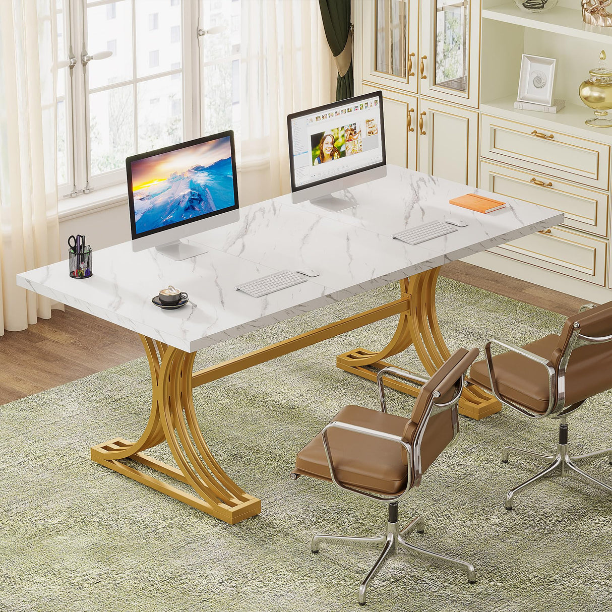 63" Large Office Desk, Modern Rectangle Executive Desks with Stylish Gold Legs,