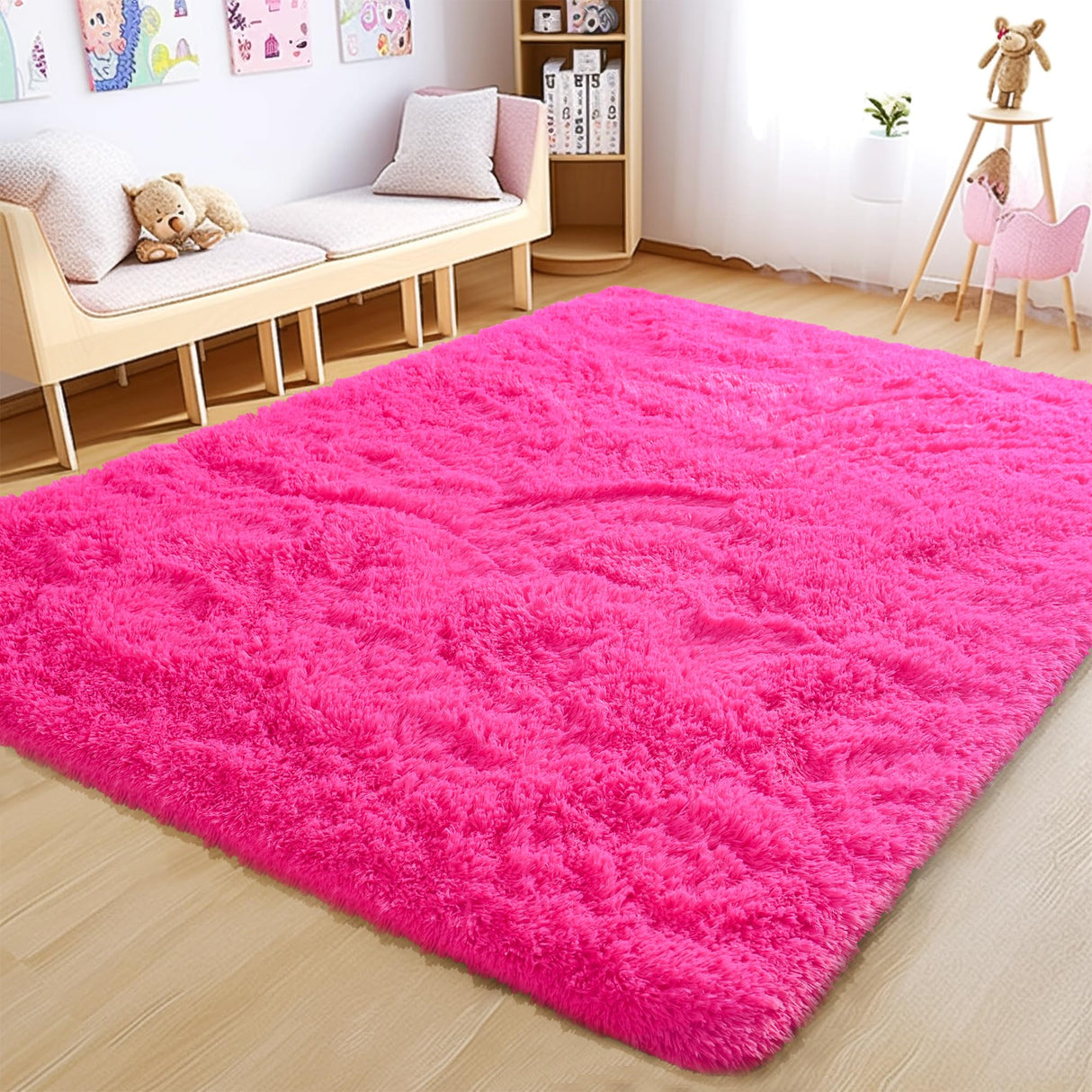 Fluffy Rug Washable 4x6 Feet, Hot Pink Fuzzy Rugs for Bedroom Girls,