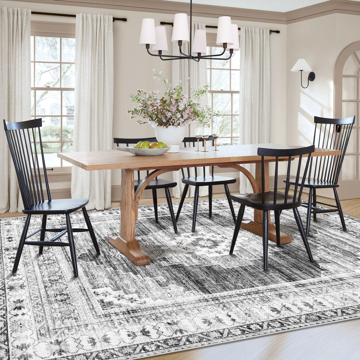 Boho Area Rug 8x10 Large Rug: Washable Non-Slip Rugs Chenille Print Rug Soft Low-Pile Indoor Vintage Carpet for Living Room Bedroom Dining Table Kitchen Home Office(Grey, 8'x10')