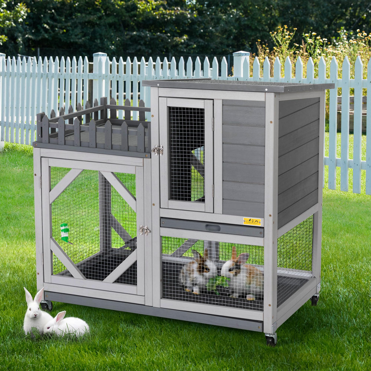 Rabbit Hutch with Balcony - Small Animal House Bunny Cage on Wheels for Indoor Outdoor