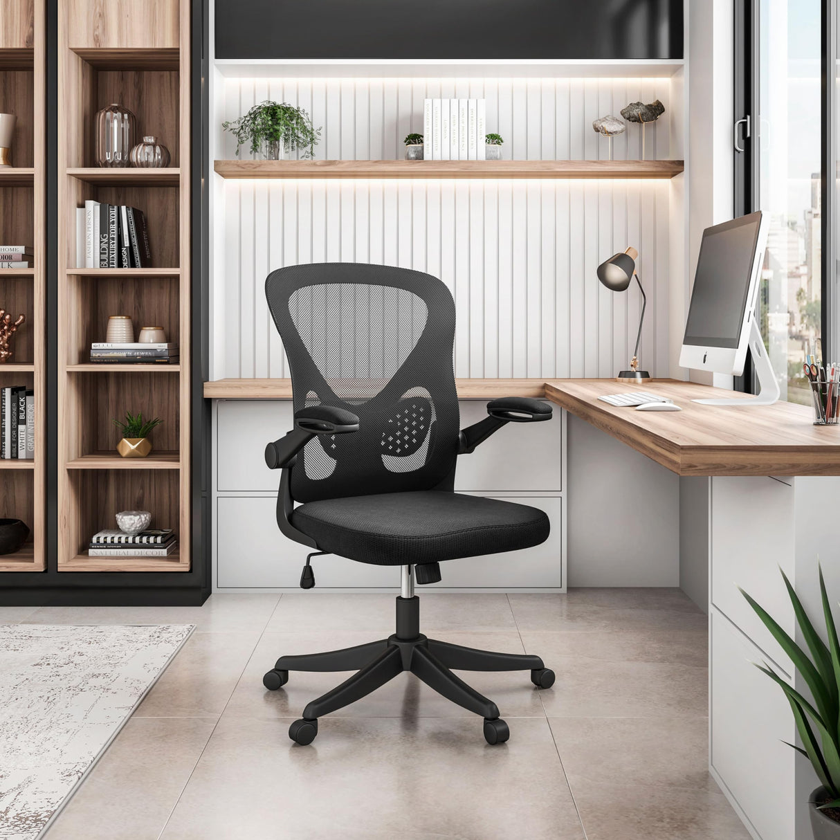 Mesh Task Office Chair with Flip Up Arms. Color: Black, Mid-Back