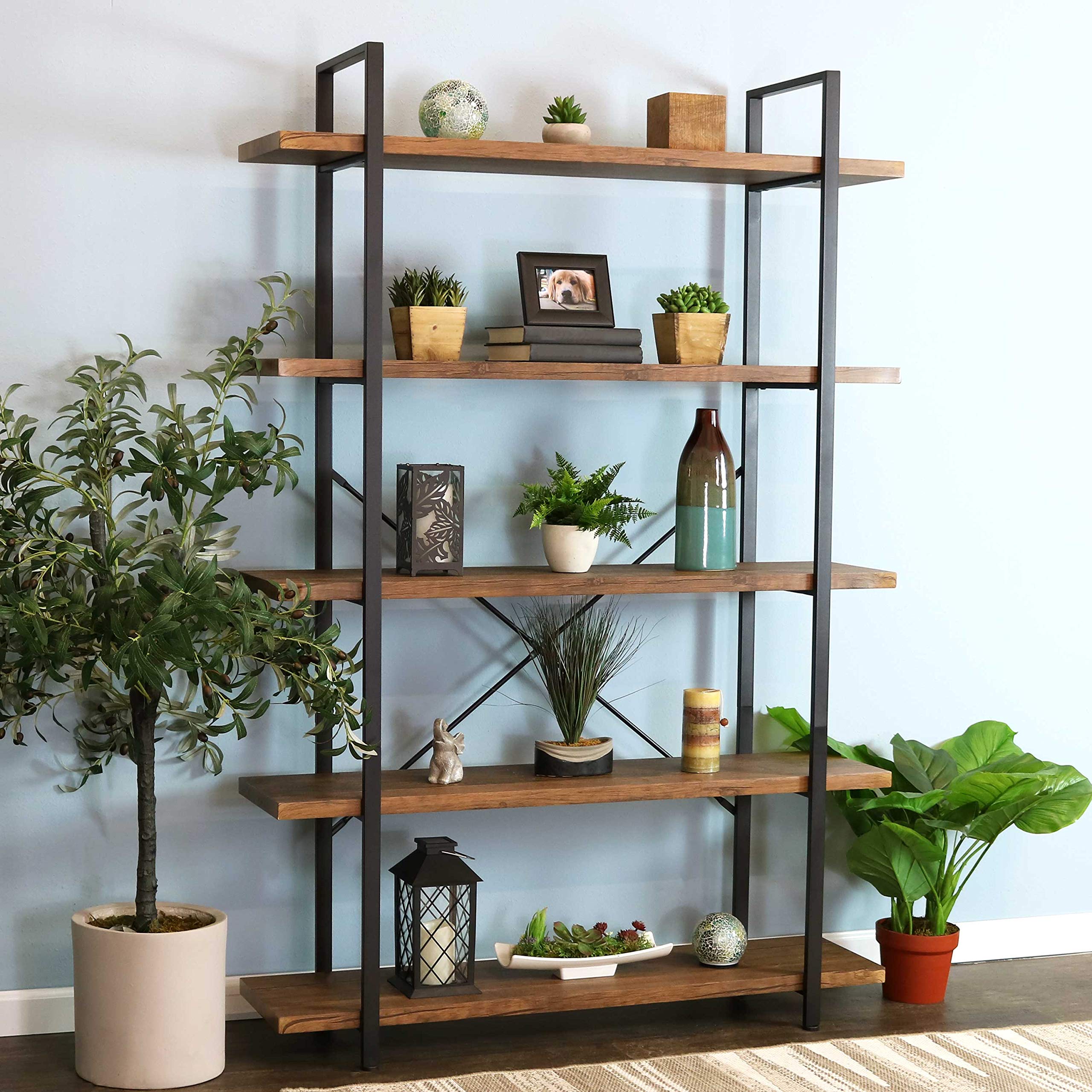 5-Tier Industrial Style Bookshelf with Open Shelves and Veneer Finish - North American