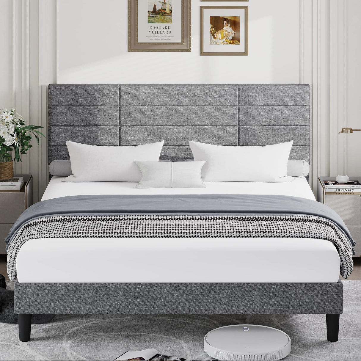 Bed Frame Queen Size Upholstered Platform Beds with Headboard Linen Fabric Wood