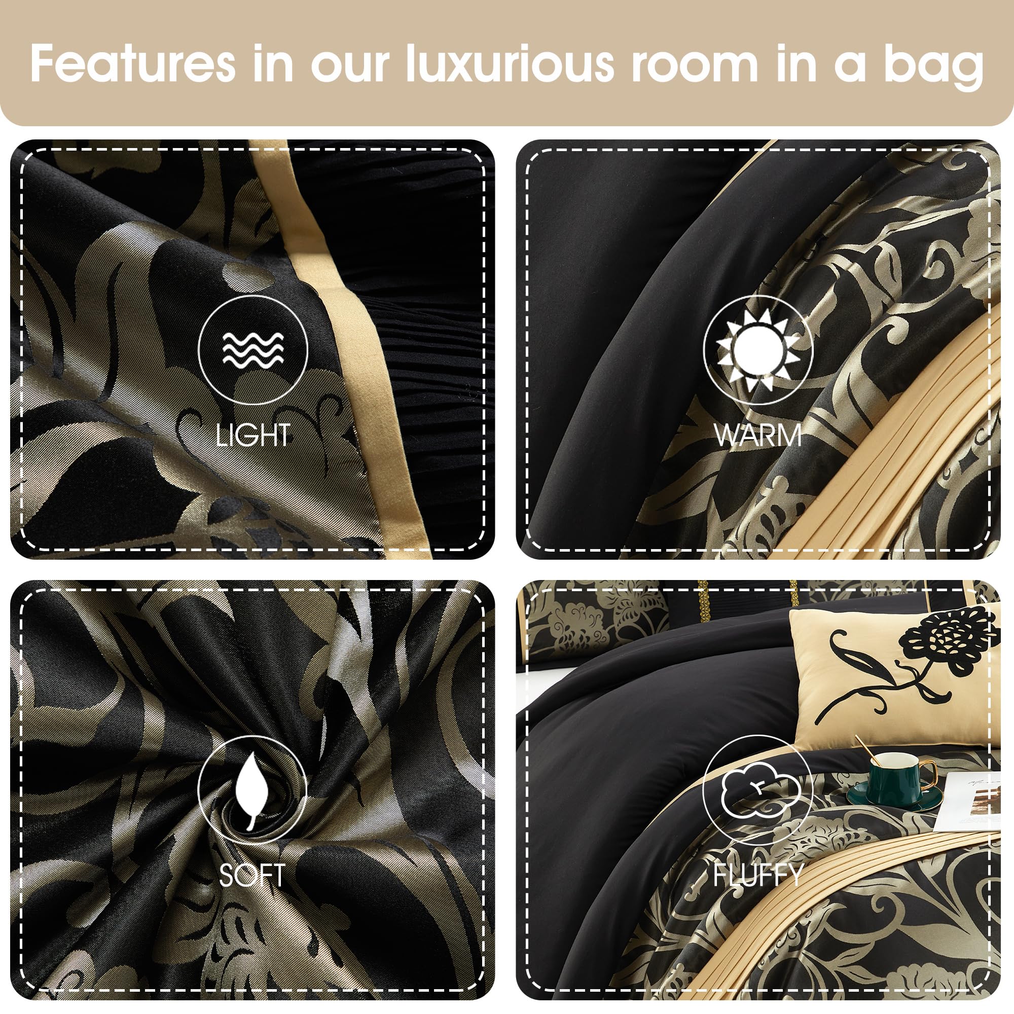 Black and Gold Comforter Set Queen - 9 Piece Jacquard Floral Bedding