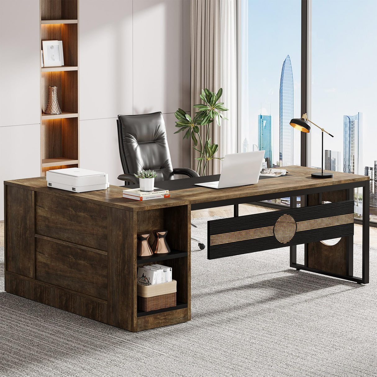 L Shaped Desk with 55-Inch Storage Cabinet, Extra Large Executive Office