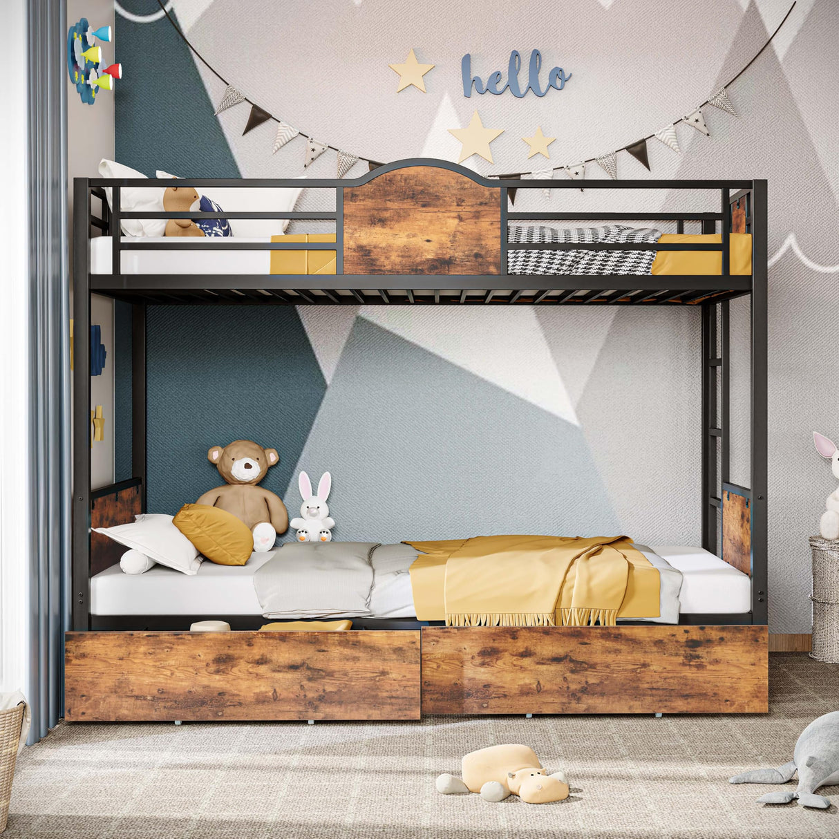 Bunk Bed Twin Over Twin with Ladder and MDF Board Guardrail