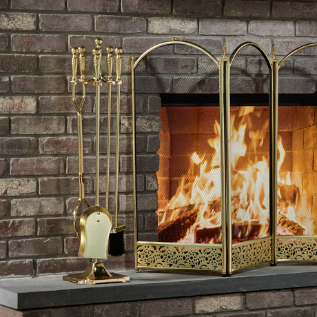 Polished Brass Finish 5-Piece Fireplace Tools Set with Heavy Weight Steel Construction