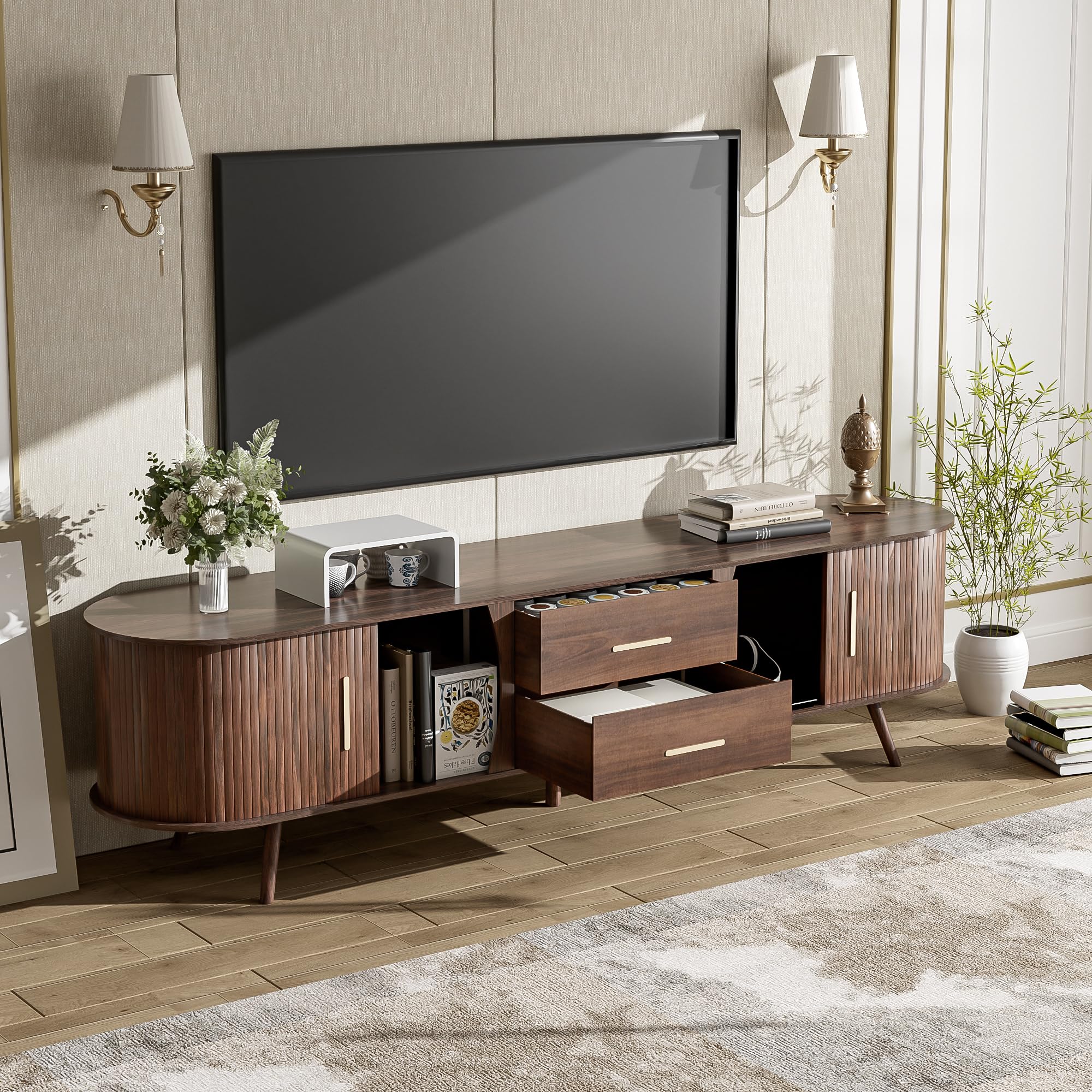 70" Fluted TV Stand with Sliding Tambour Doors - Walnut
