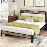 King Size Bed Frame, Storage Headboard with Charging Station, Solid and Stable