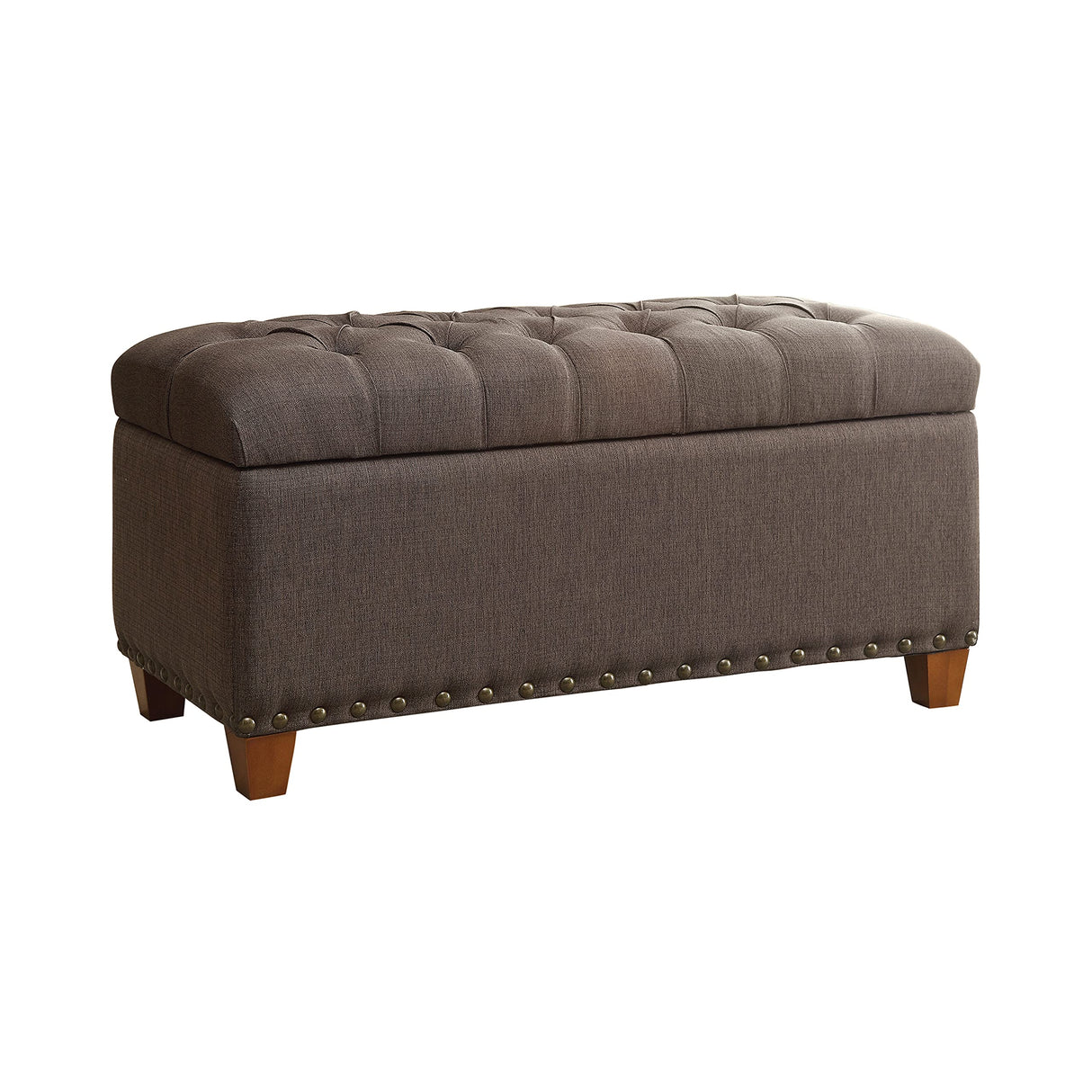 Modern Upholstered Bedroom Storage Bench Button Tufted Top Nailhead Trim Mocha Brown Fabric Wood Legs 500065